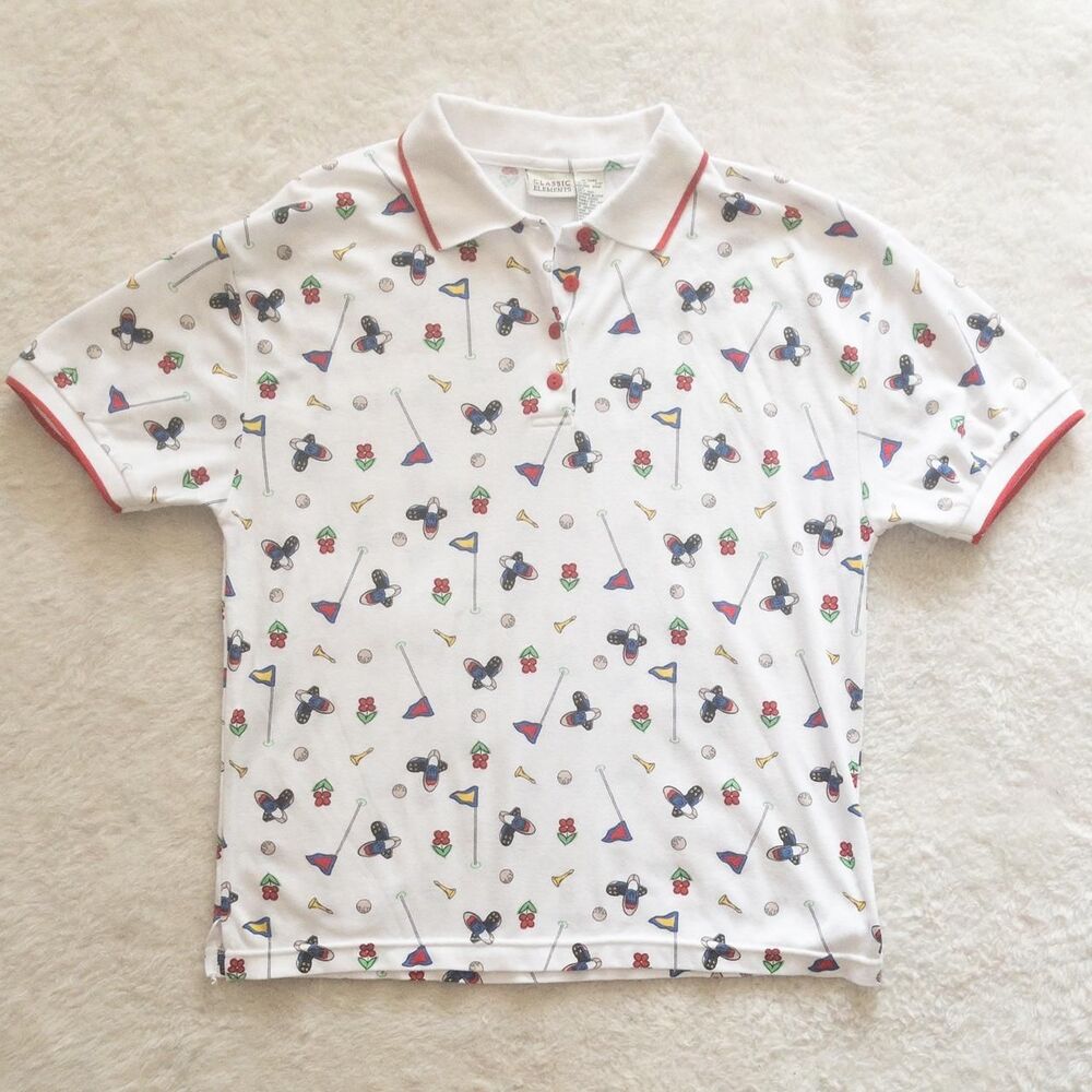 Vintage 90s Classic Elements golf print white and multi-coloured polo shirt L - Picture 5 of 8
